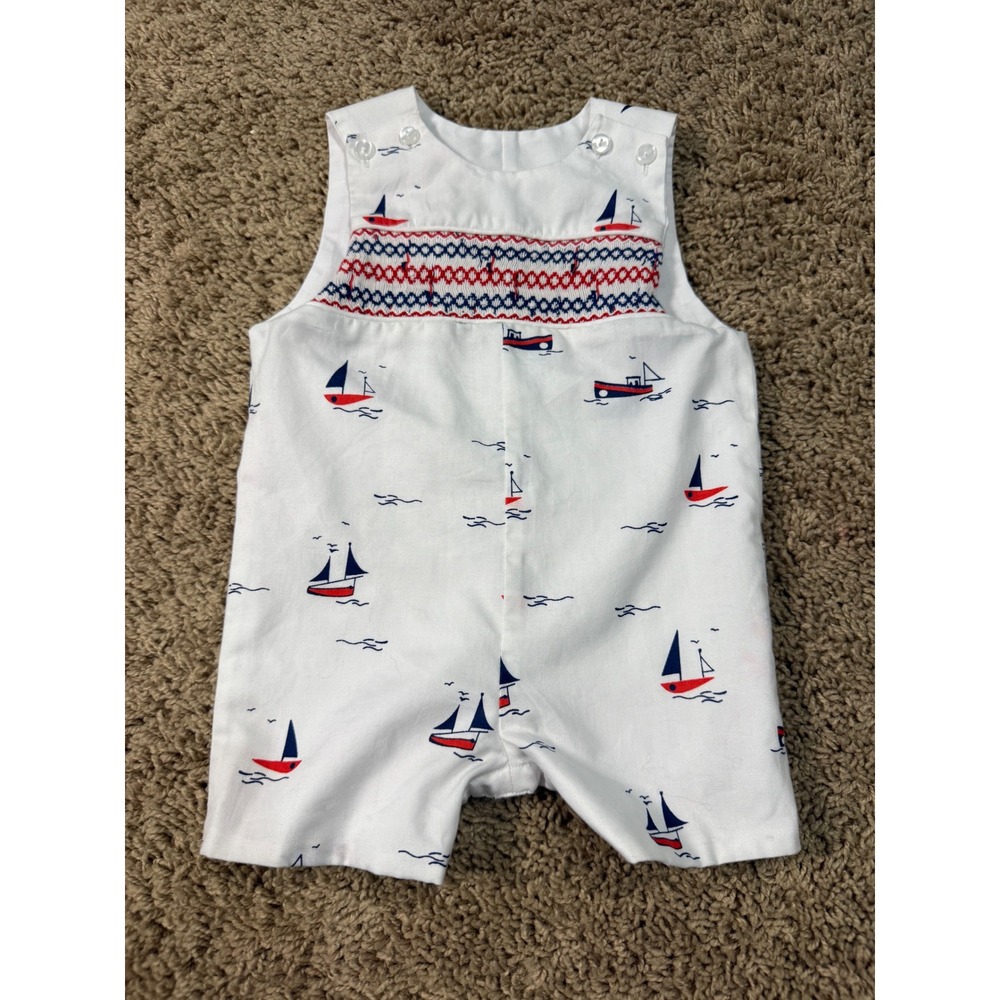 Edgehill Collection Baby Boy Smocked Sailboat Romper White Blue Red 6M PD107K